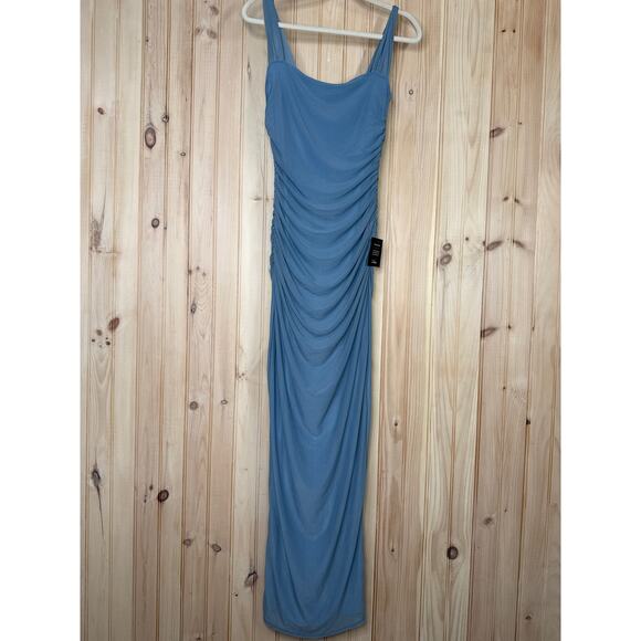 NWT Lulus Amazing Presence Slate Blue Mesh Ruched Column Maxi Dress Banquet S - Picture 2 of 10